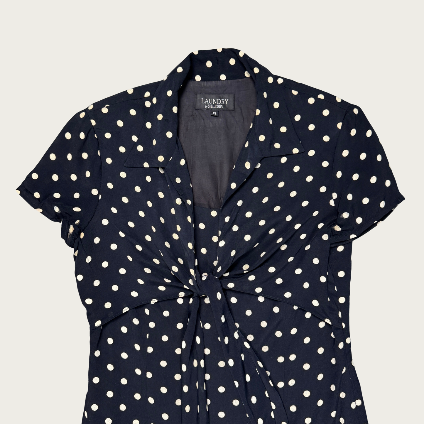 (M/L) 80s/90s Black/Cream Polka Dot Tie Front Midi Dress