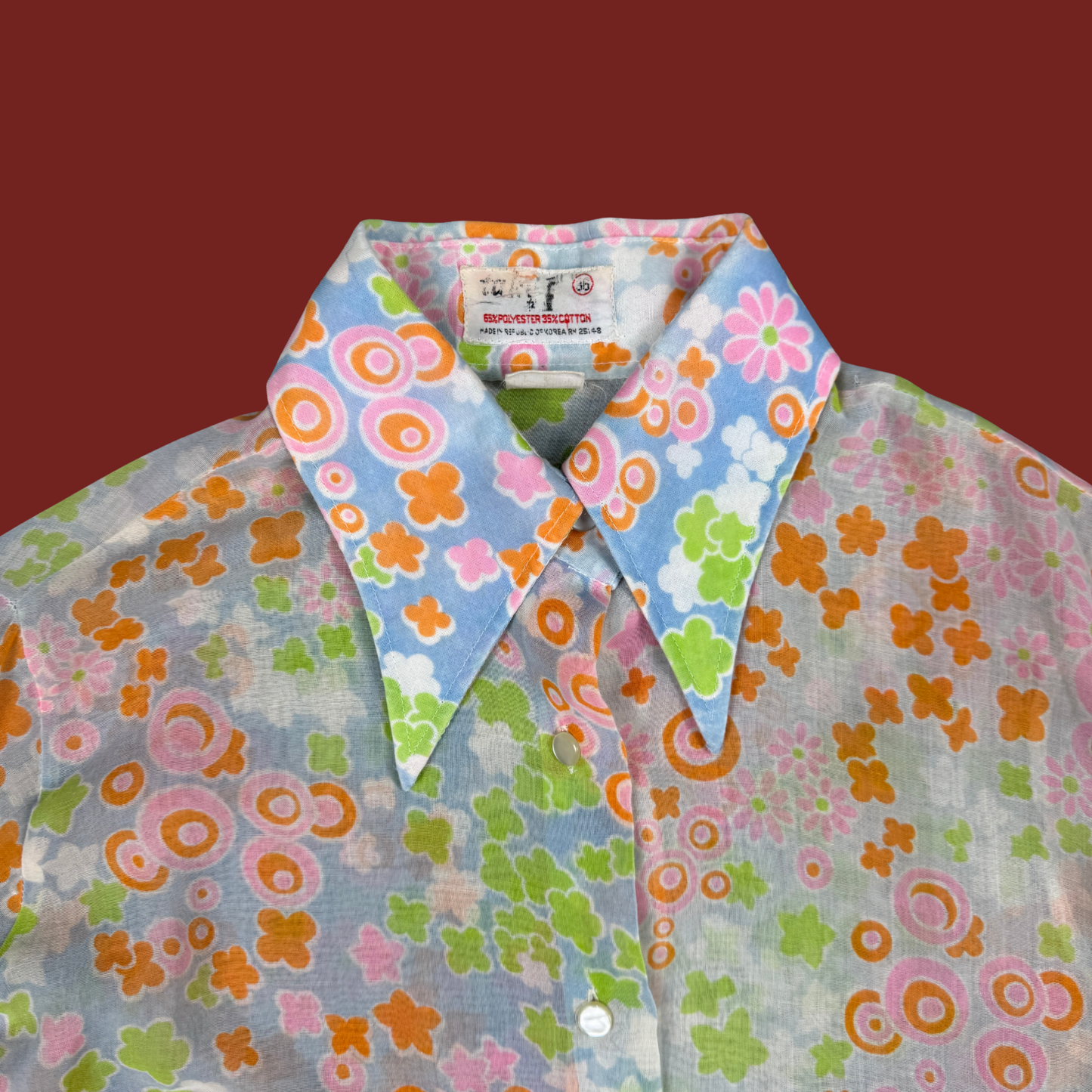 (M/L) 60s/70s Multicolor Groovy Print Sheer Blouse
