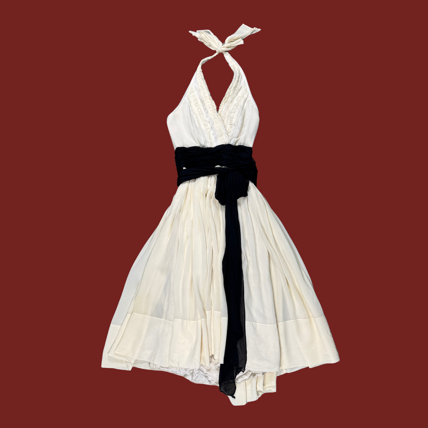 (S) Y2K Cream/Black Silk Lace Trim Halter Midi Dress