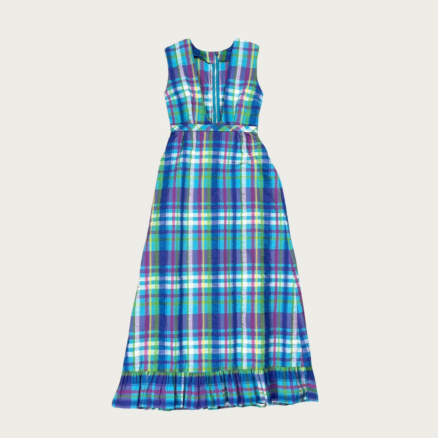 (S) Blue Plaid Plunge Neck Maxi Dress