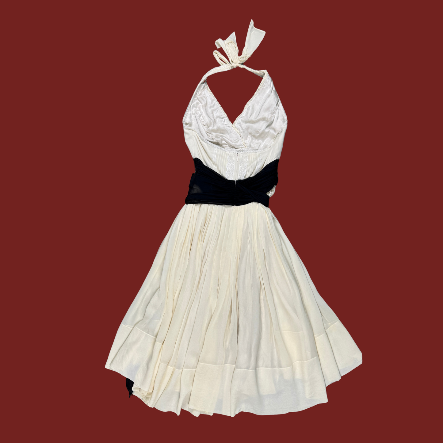 (S) Y2K Cream/Black Silk Lace Trim Halter Midi Dress