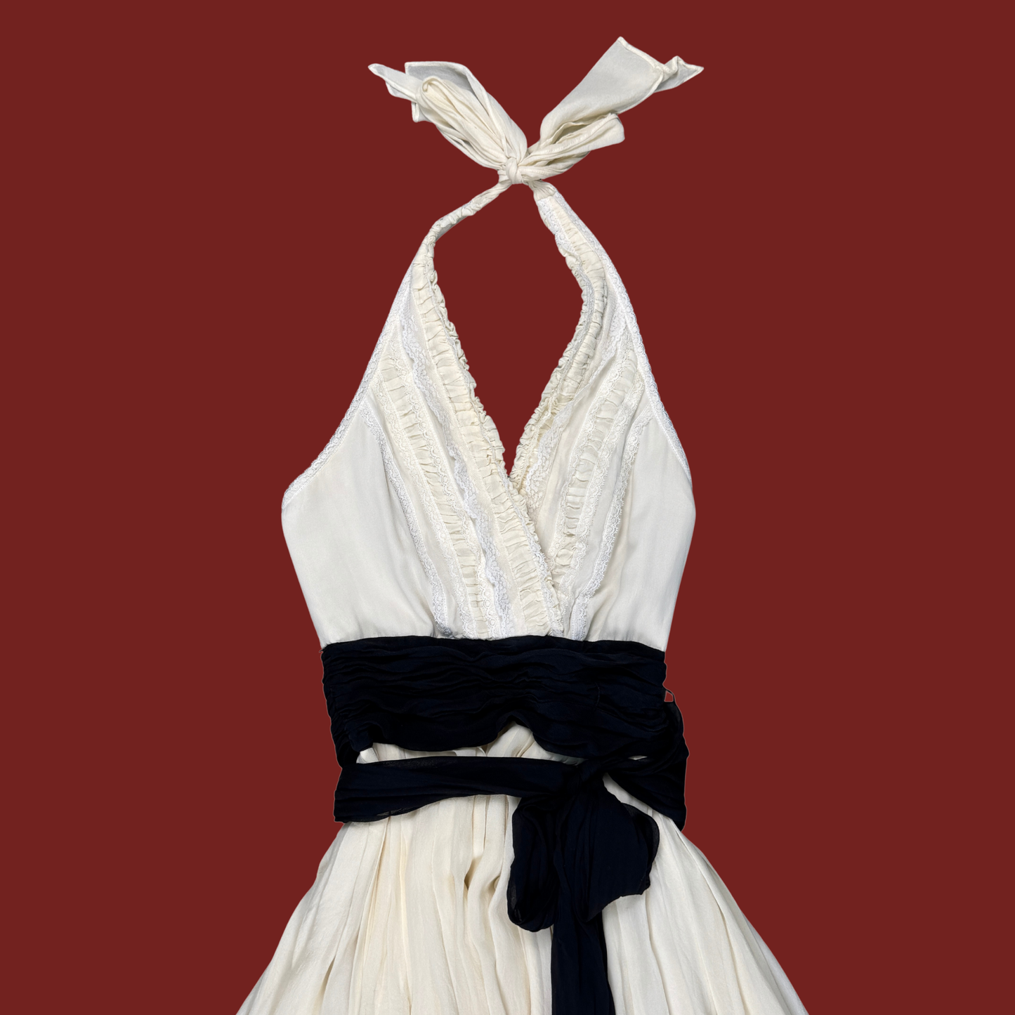 (S) Y2K Cream/Black Silk Lace Trim Halter Midi Dress