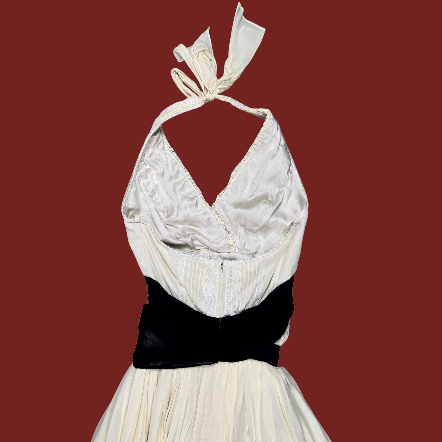 (S) Y2K Cream/Black Silk Lace Trim Halter Midi Dress
