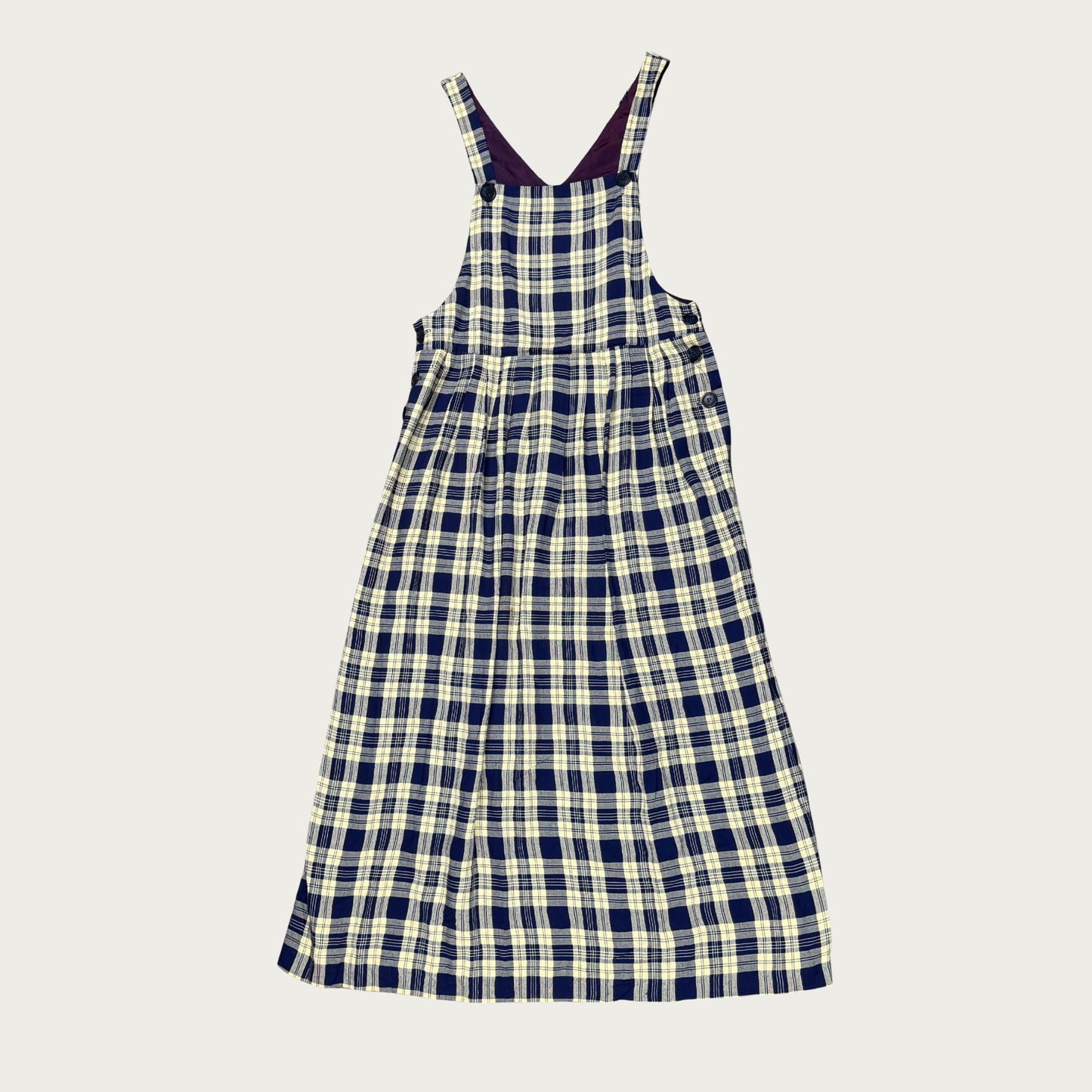(M) 90s Navy/Yellow Plaid Pinafore Maxi Dress