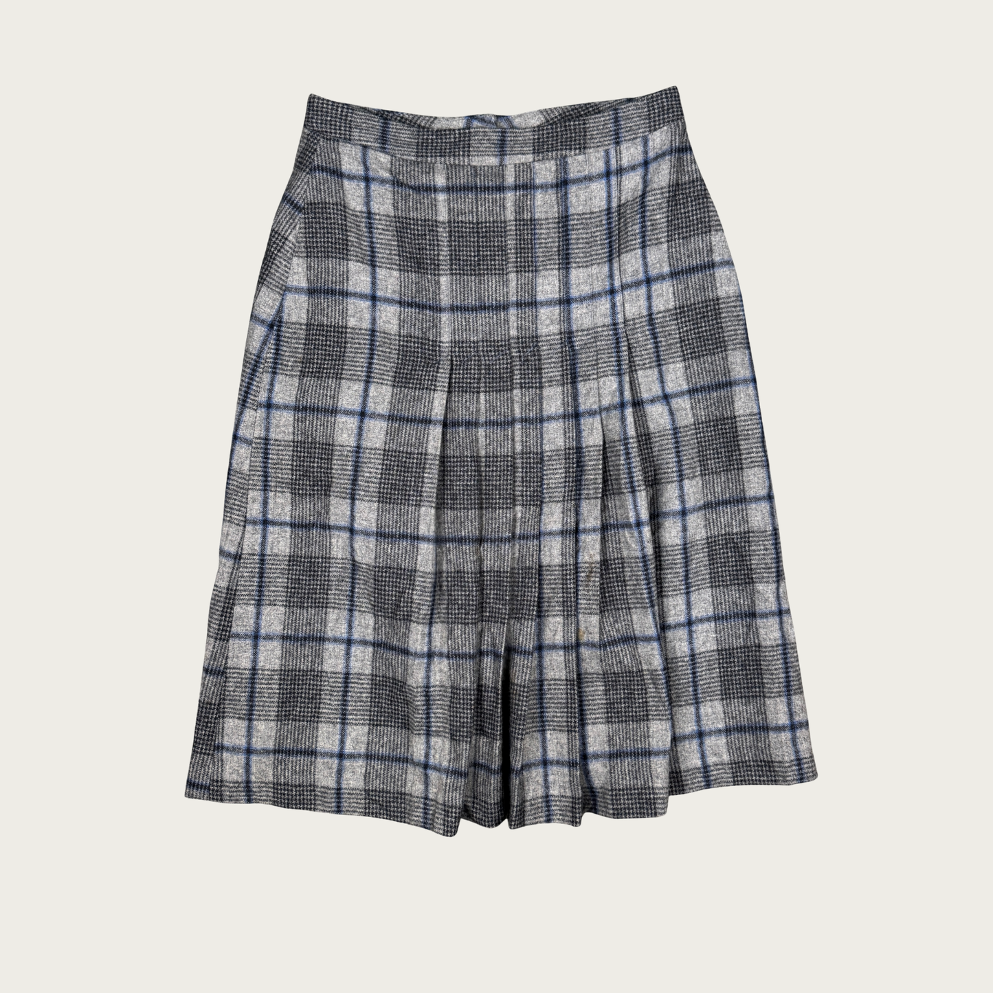 (28") Gray/Blue Plaid Wool Pleated Midi Skirt