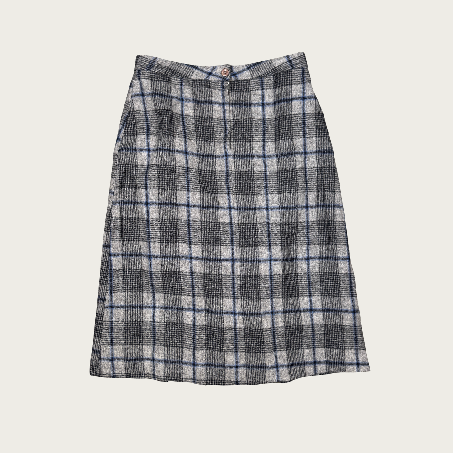 (28") Gray/Blue Plaid Wool Pleated Midi Skirt