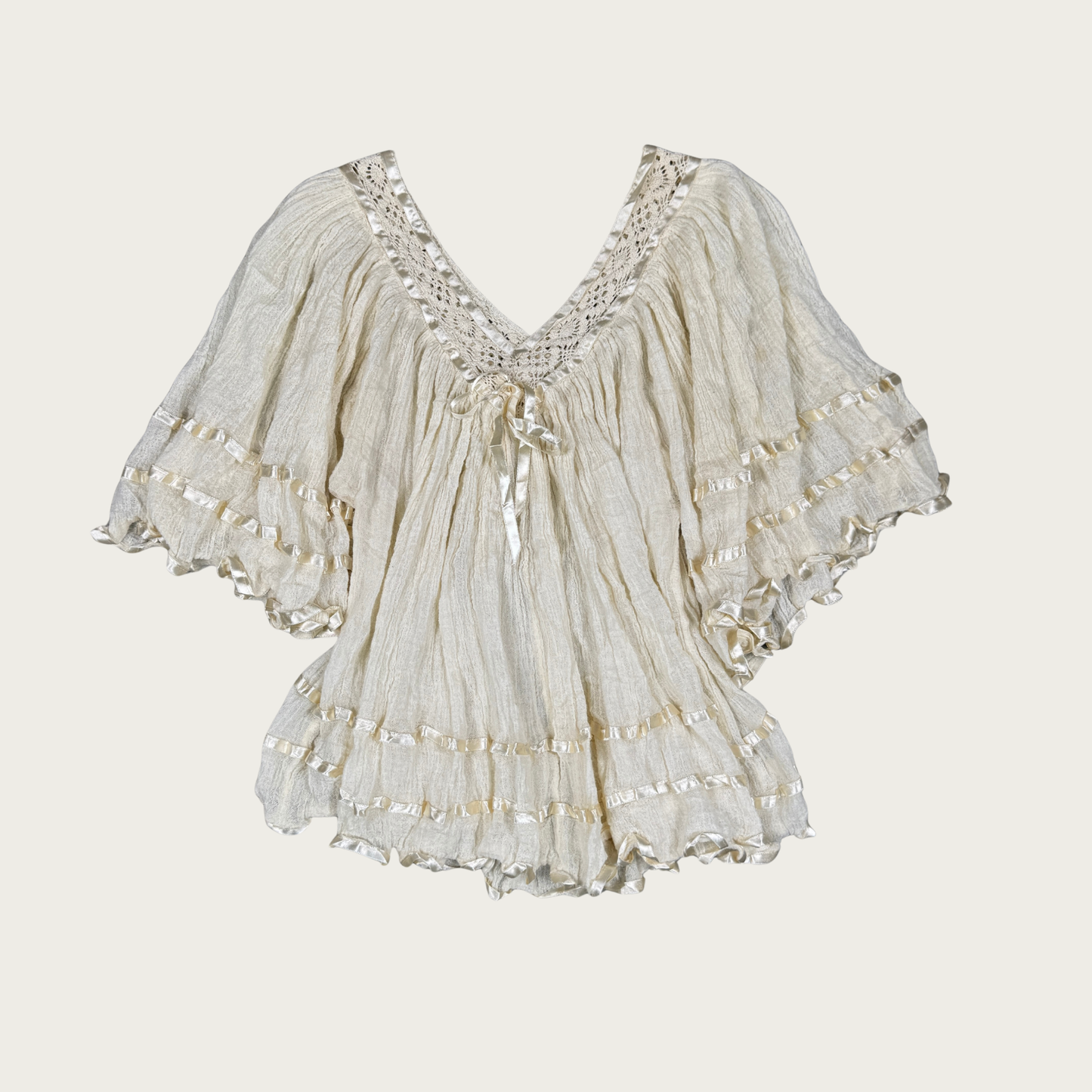 (S/M) Cream Gauze Ribbon Trim Blouse