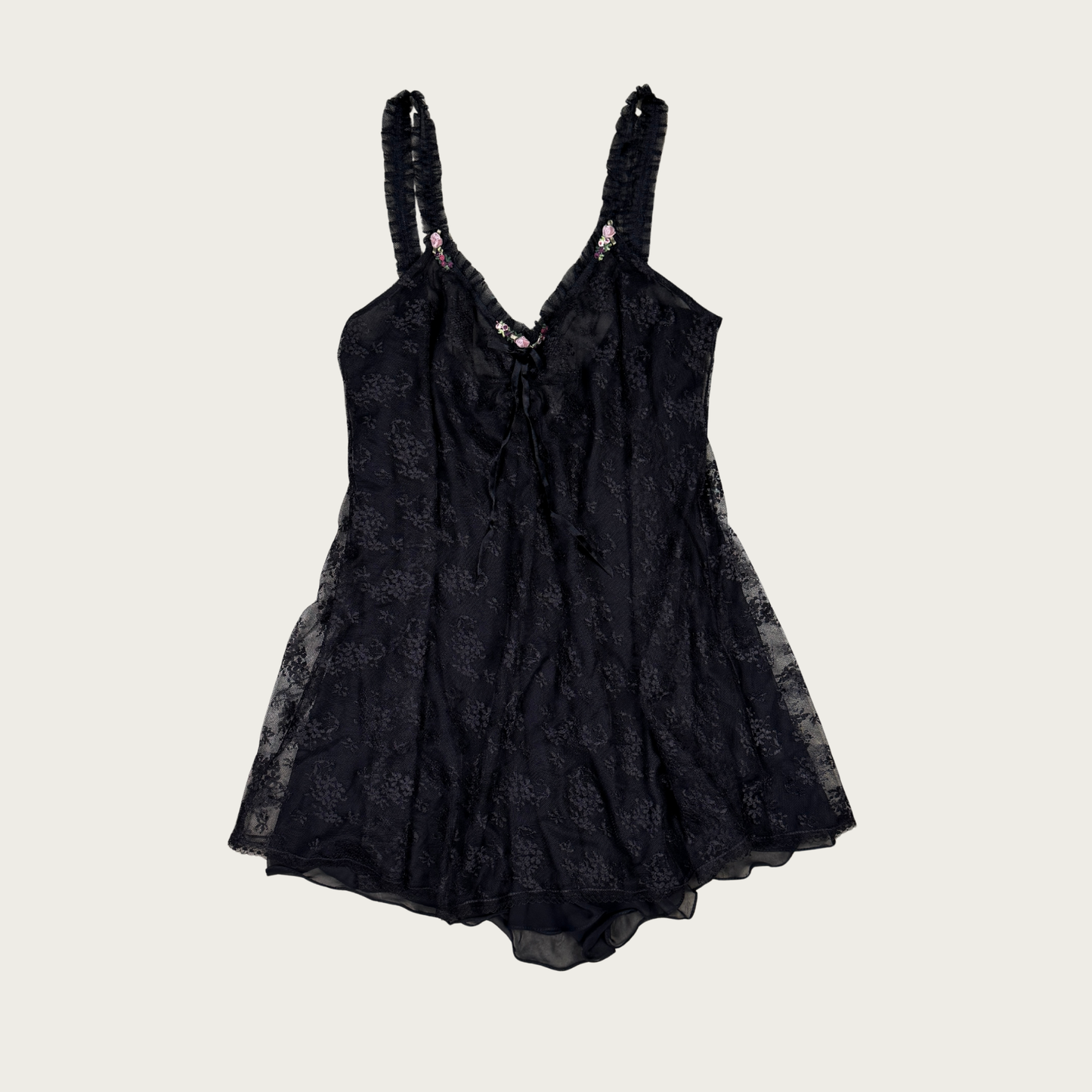 (M) Black Sheer Lace Vintage Slip Dress