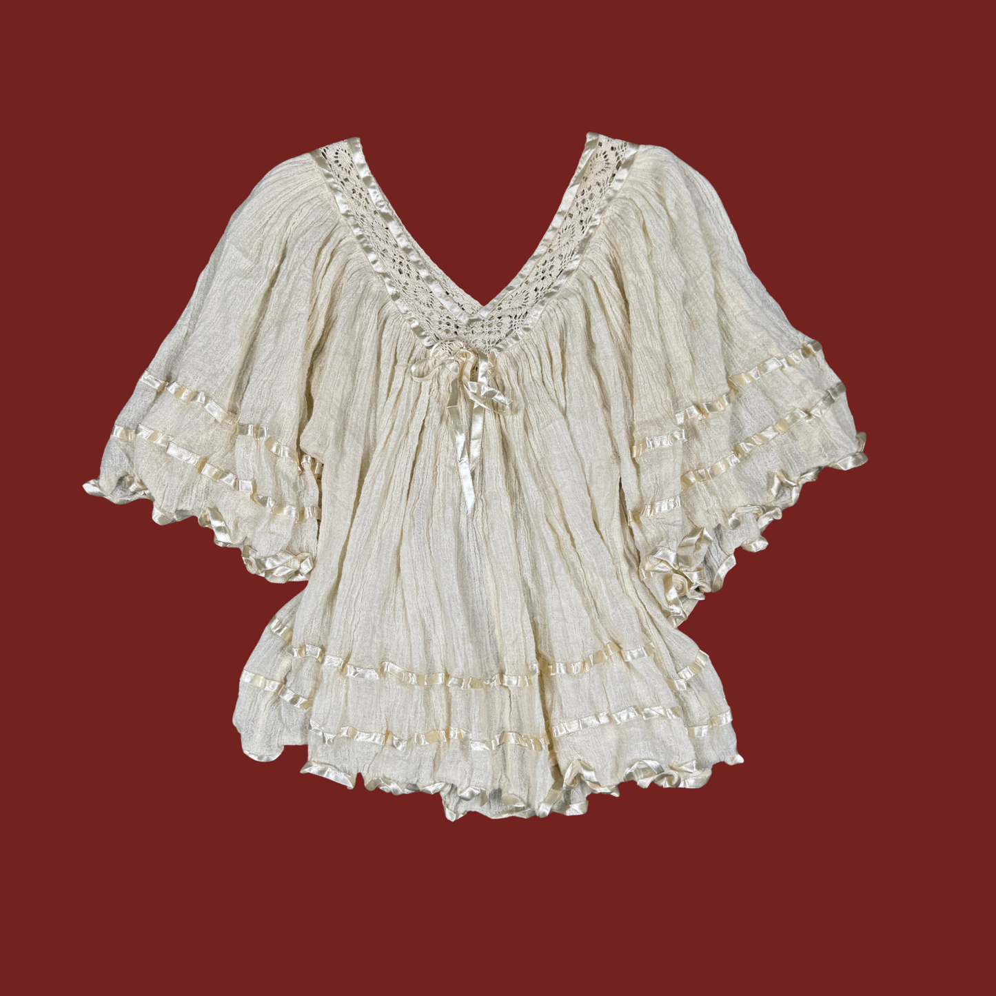 (S/M) Cream Gauze Ribbon Trim Blouse