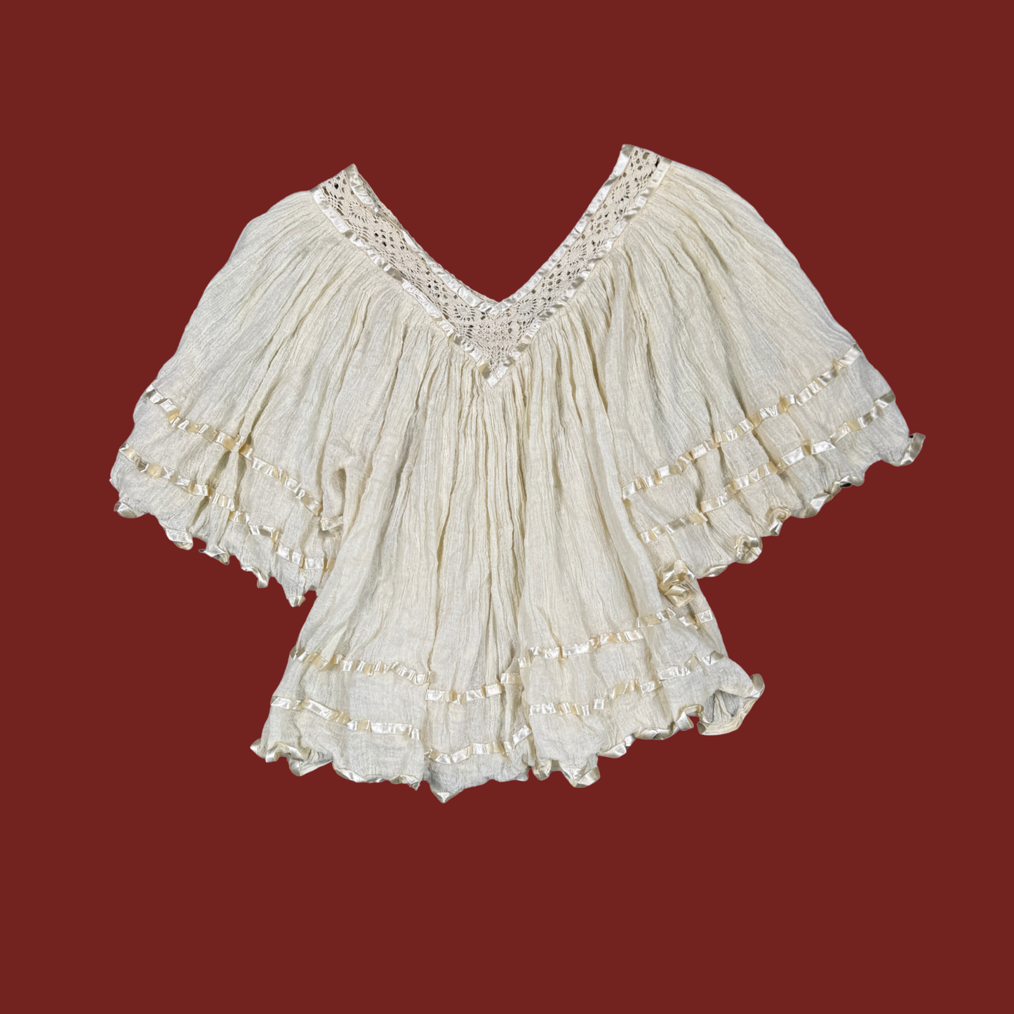 (S/M) Cream Gauze Ribbon Trim Blouse