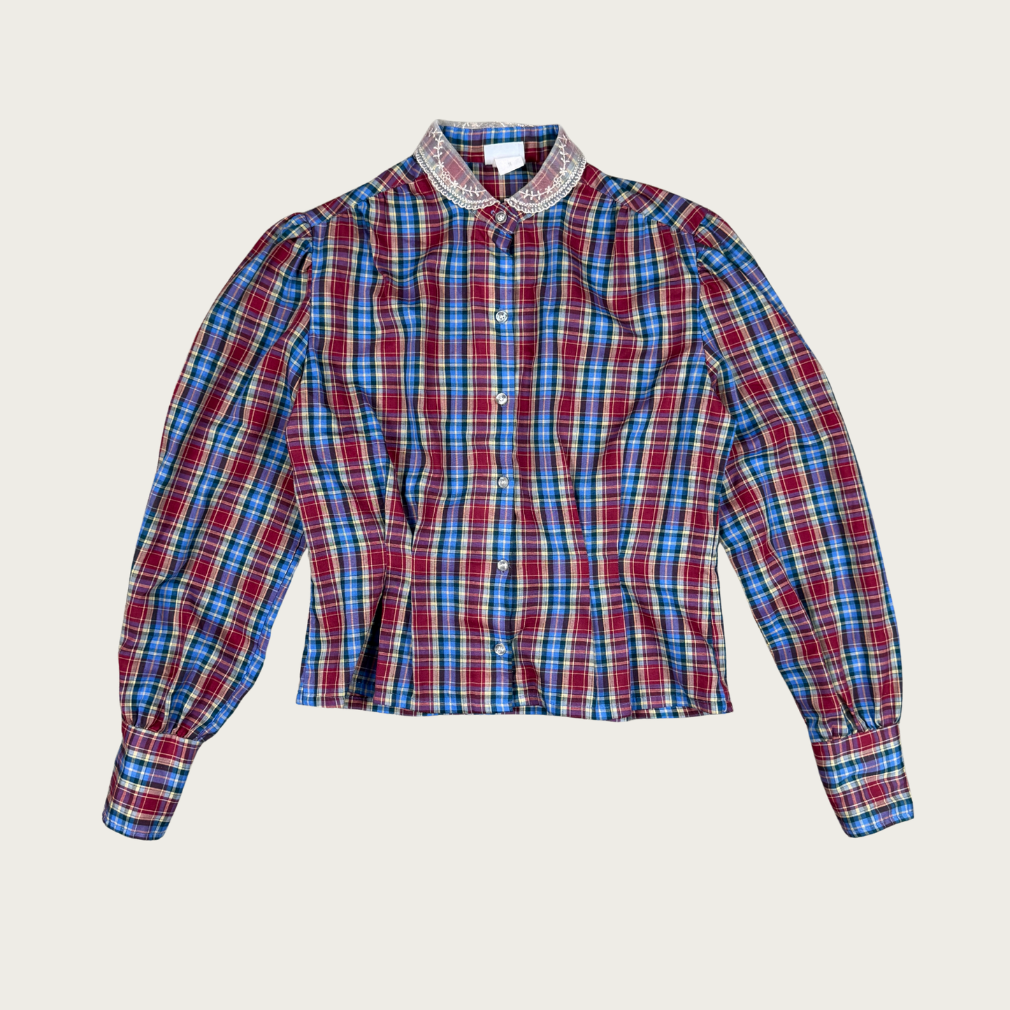 (M) 70s/80s Blue/Burgundy Plaid Lace Collar Blouse