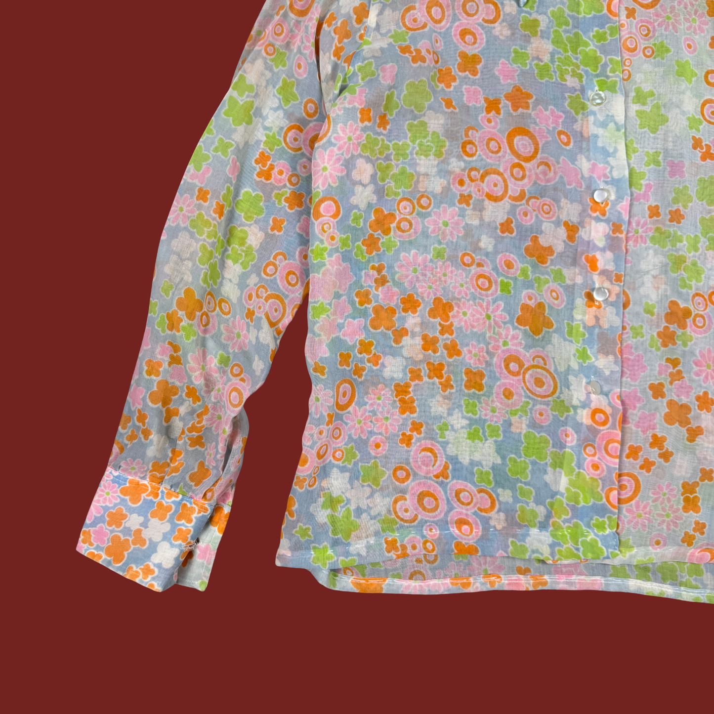 (M/L) 60s/70s Multicolor Groovy Print Sheer Blouse