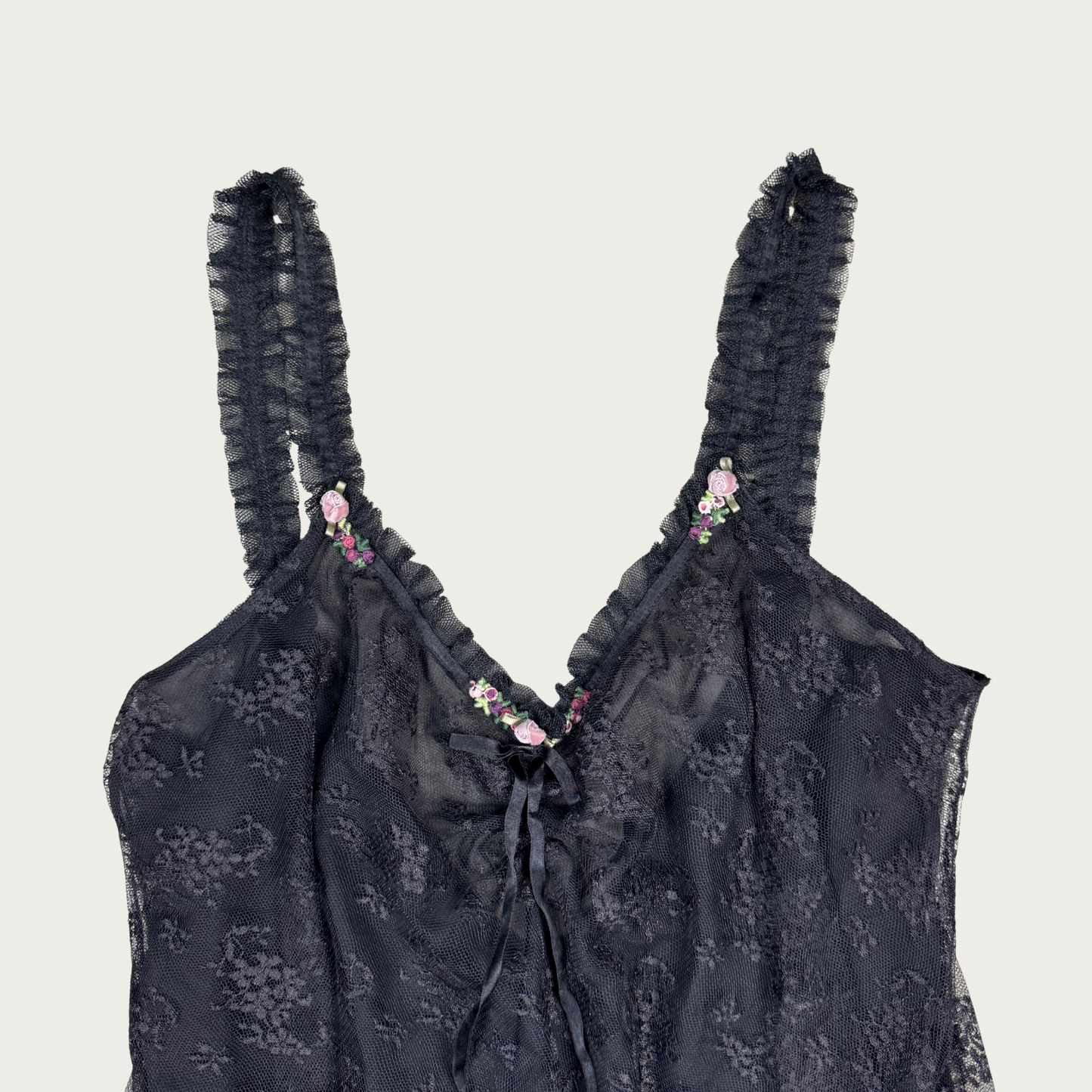 (M) Black Sheer Lace Vintage Slip Dress