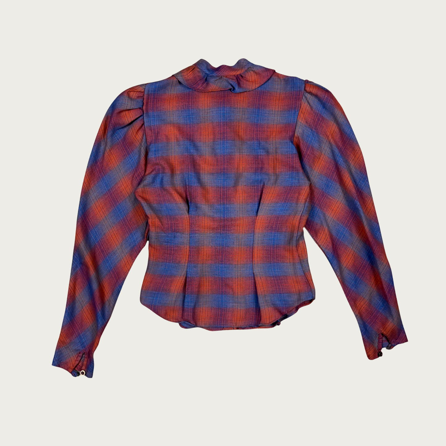 (S) 60s/70s Plaid Ruffle Neck Tie Blouse