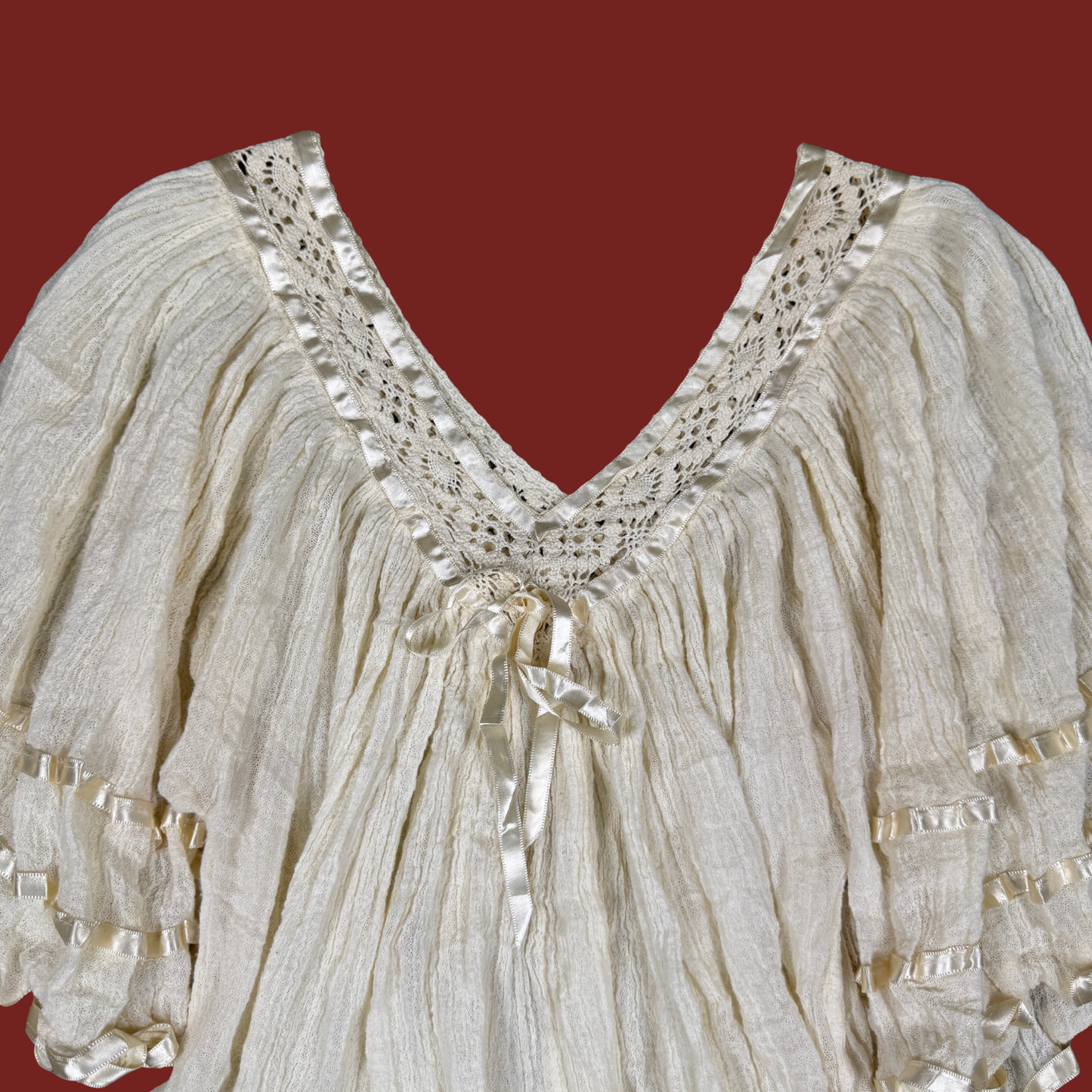(S/M) Cream Gauze Ribbon Trim Blouse