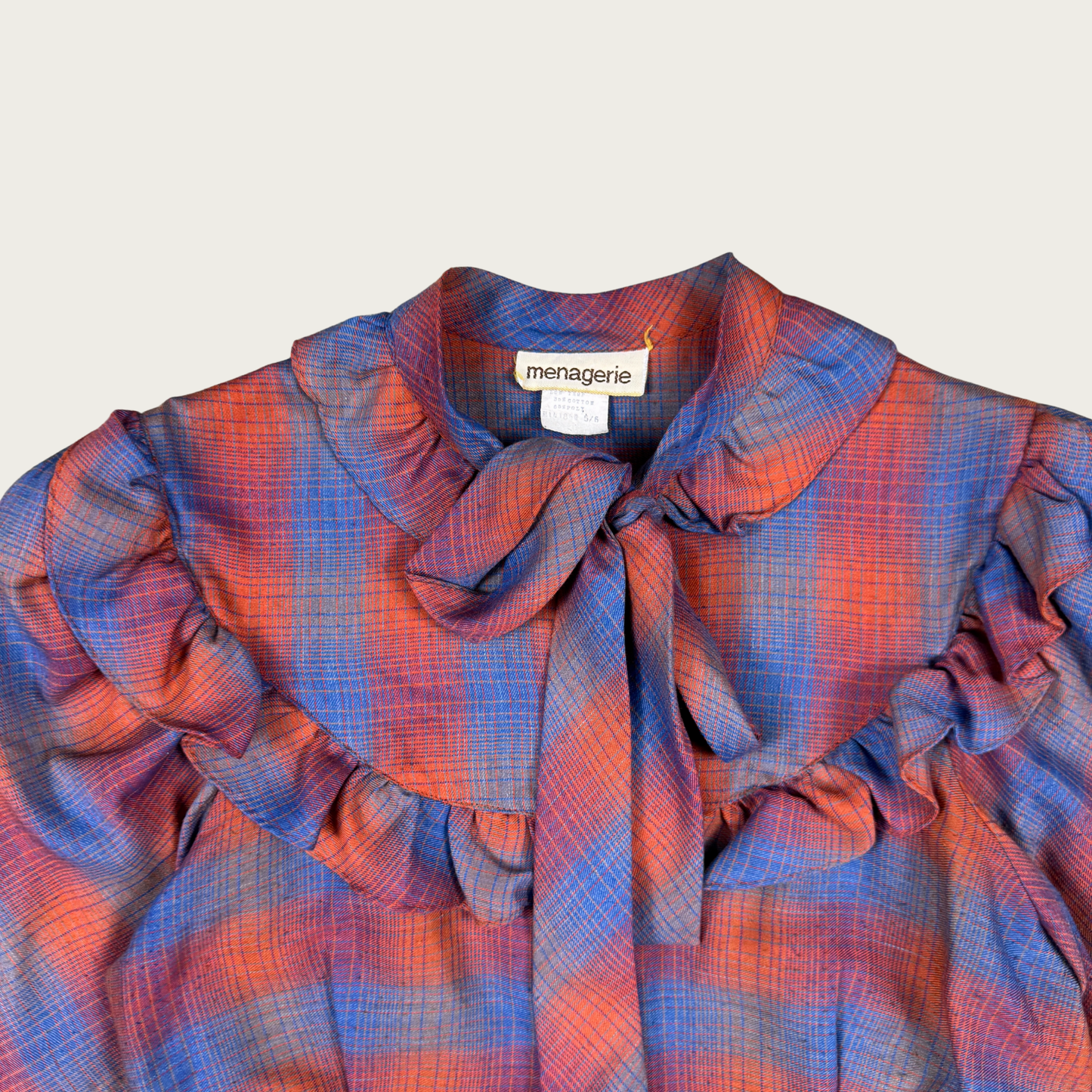 (S) 60s/70s Plaid Ruffle Neck Tie Blouse