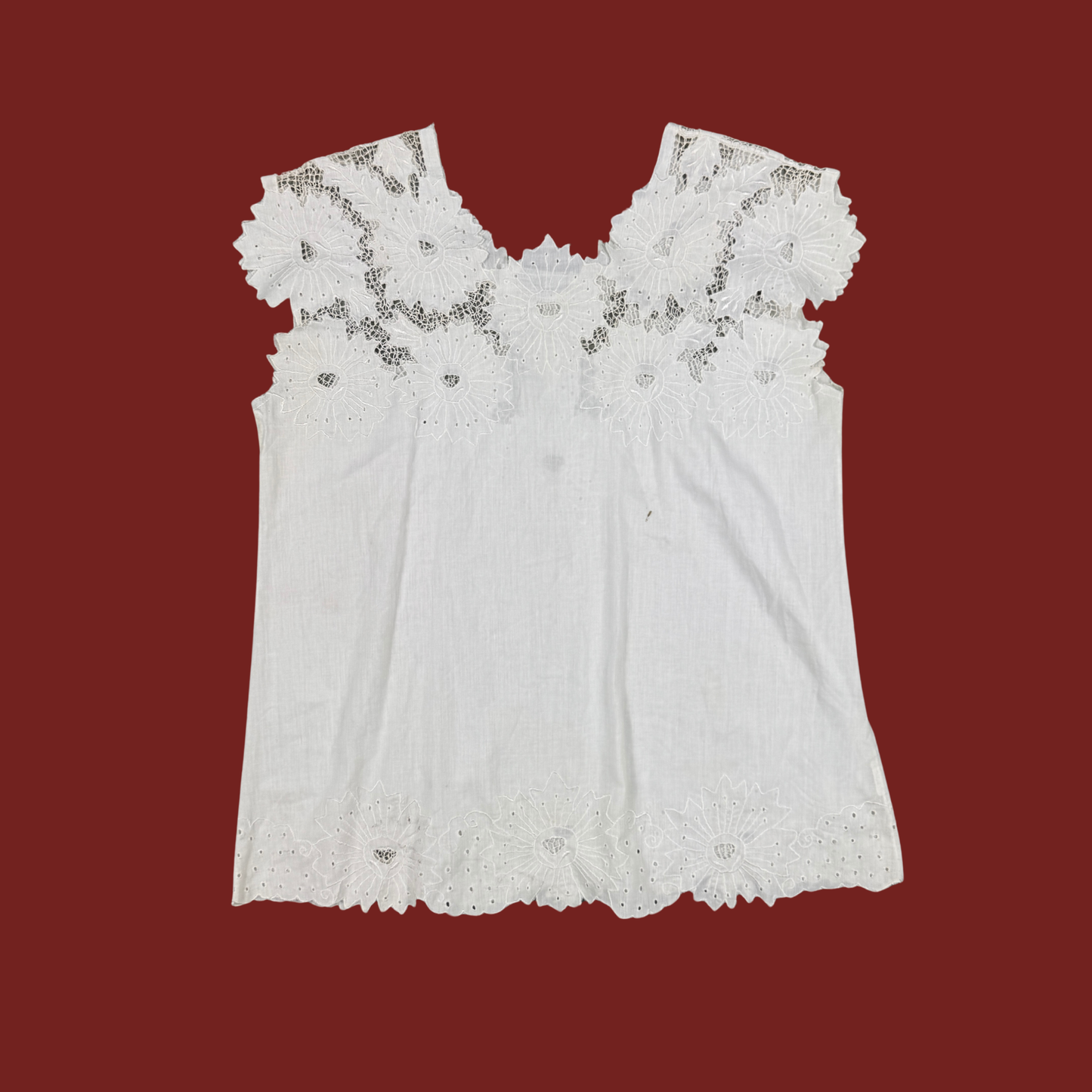 (XL) 60s White Delicate Crochet Cotton Blouse