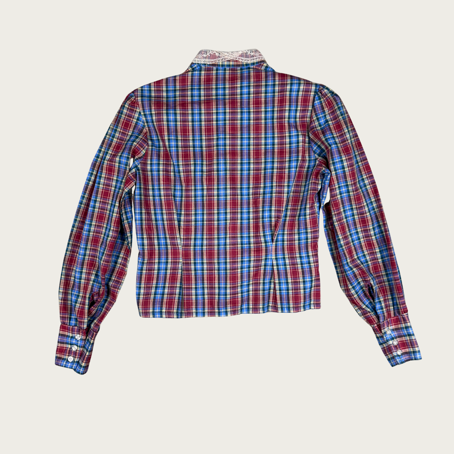 (M) 70s/80s Blue/Burgundy Plaid Lace Collar Blouse