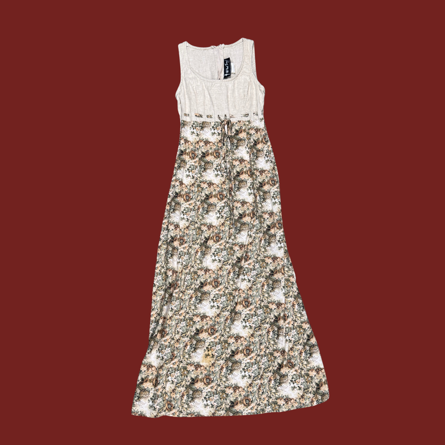 (S) 80s/90s Tan Floral Maxi Dress