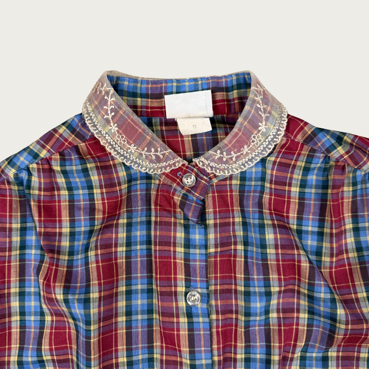 (M) 70s/80s Blue/Burgundy Plaid Lace Collar Blouse