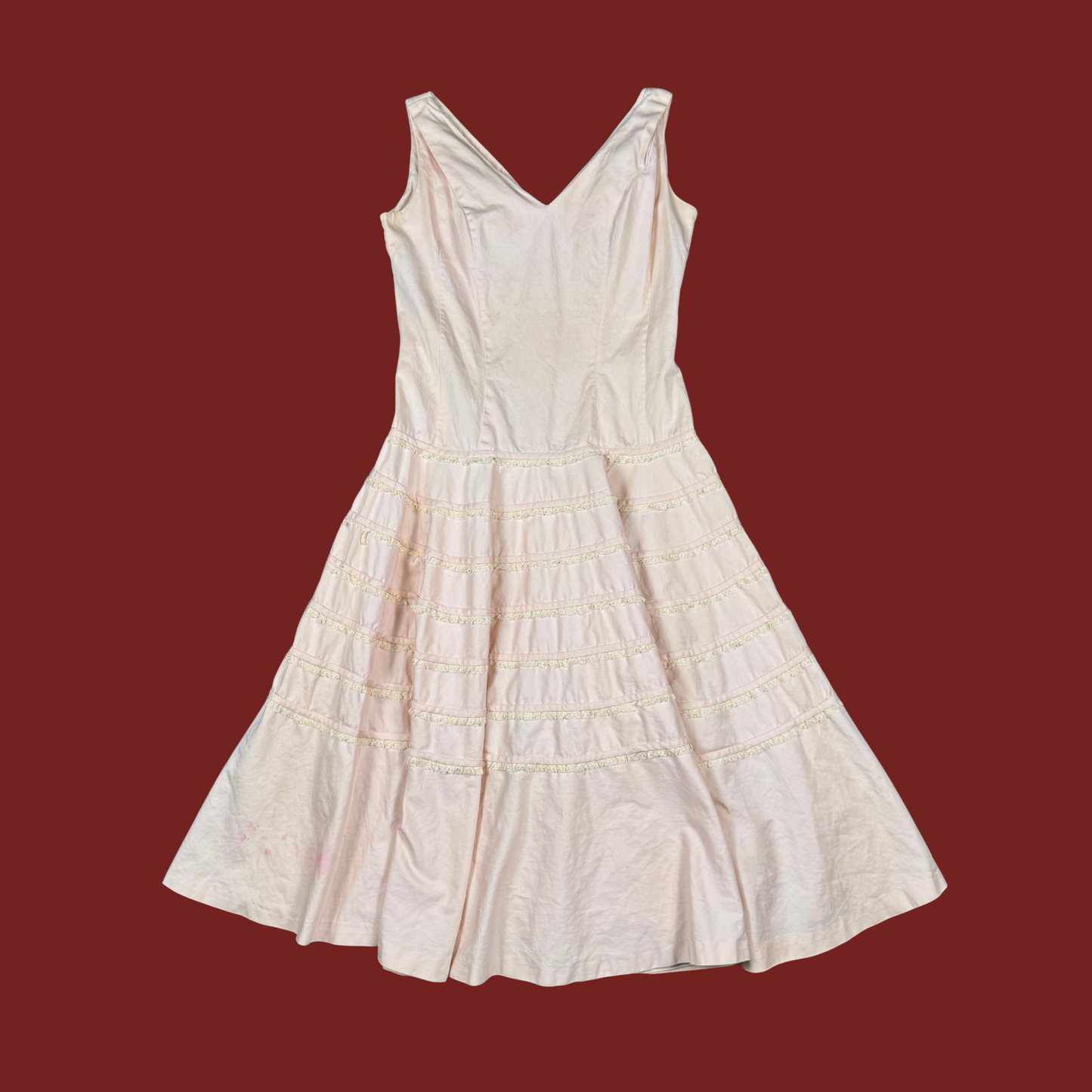 (M) 60s/70s Baby Pink Lace Ruffle Trim Midi Dress