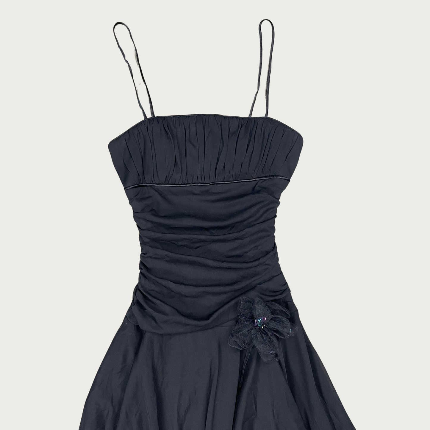 (XS/S) Y2K City Triangles Black Ruched Mesh Asymmetrical Hem Dress