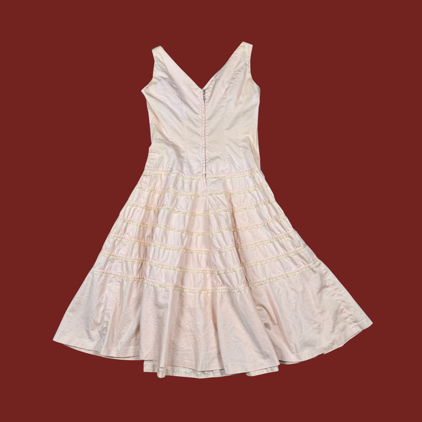 (M) 60s/70s Baby Pink Lace Ruffle Trim Midi Dress