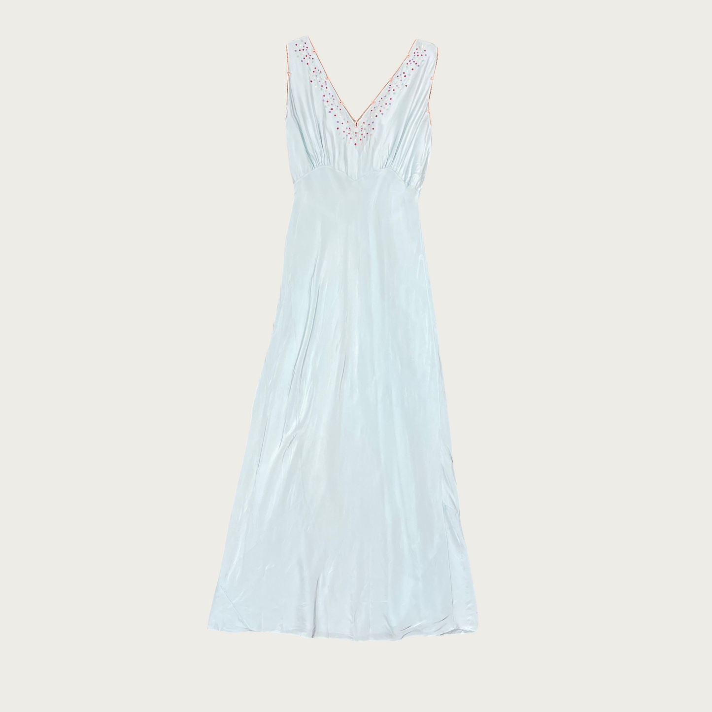 (S) 30s/40s Yolande Baby Blue Silk Embroidered Polka Dot Maxi Slip Dress