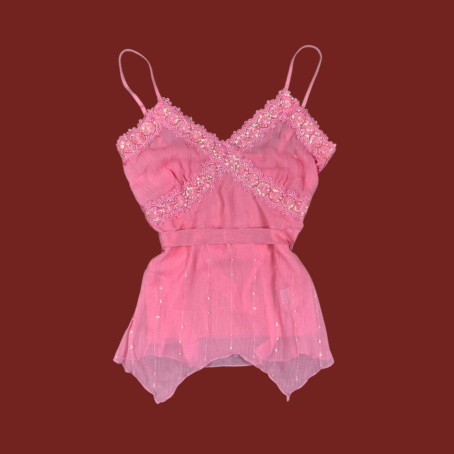 (M/L) Y2K Pink Beaded Sequin Mesh Cami