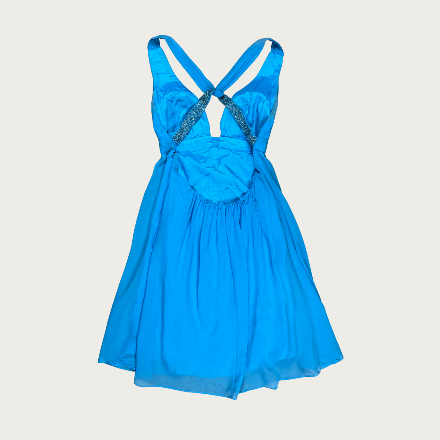 (S) Y2K Blue Silk Backless Beaded Midi Dress