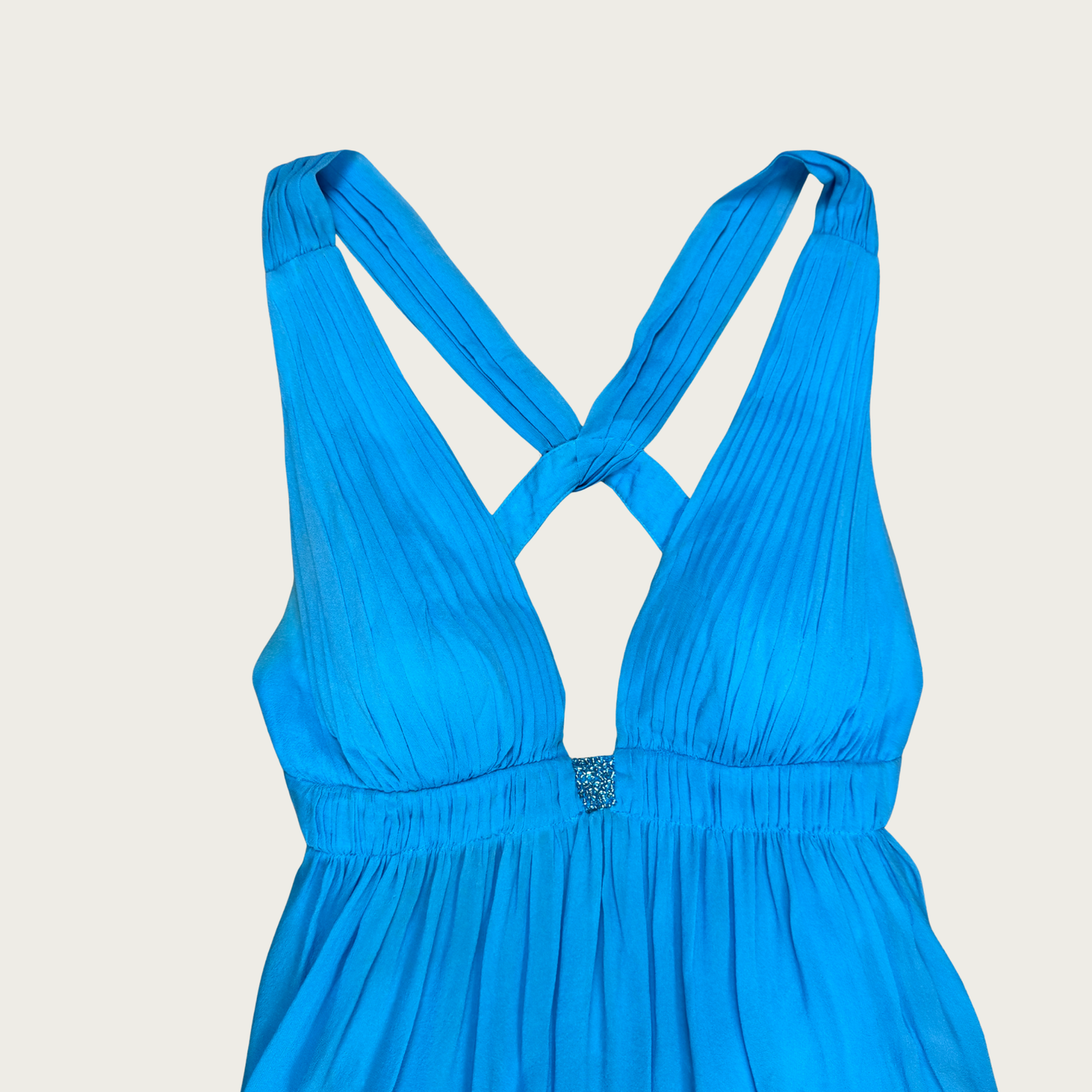 (S) Y2K Blue Silk Backless Beaded Midi Dress
