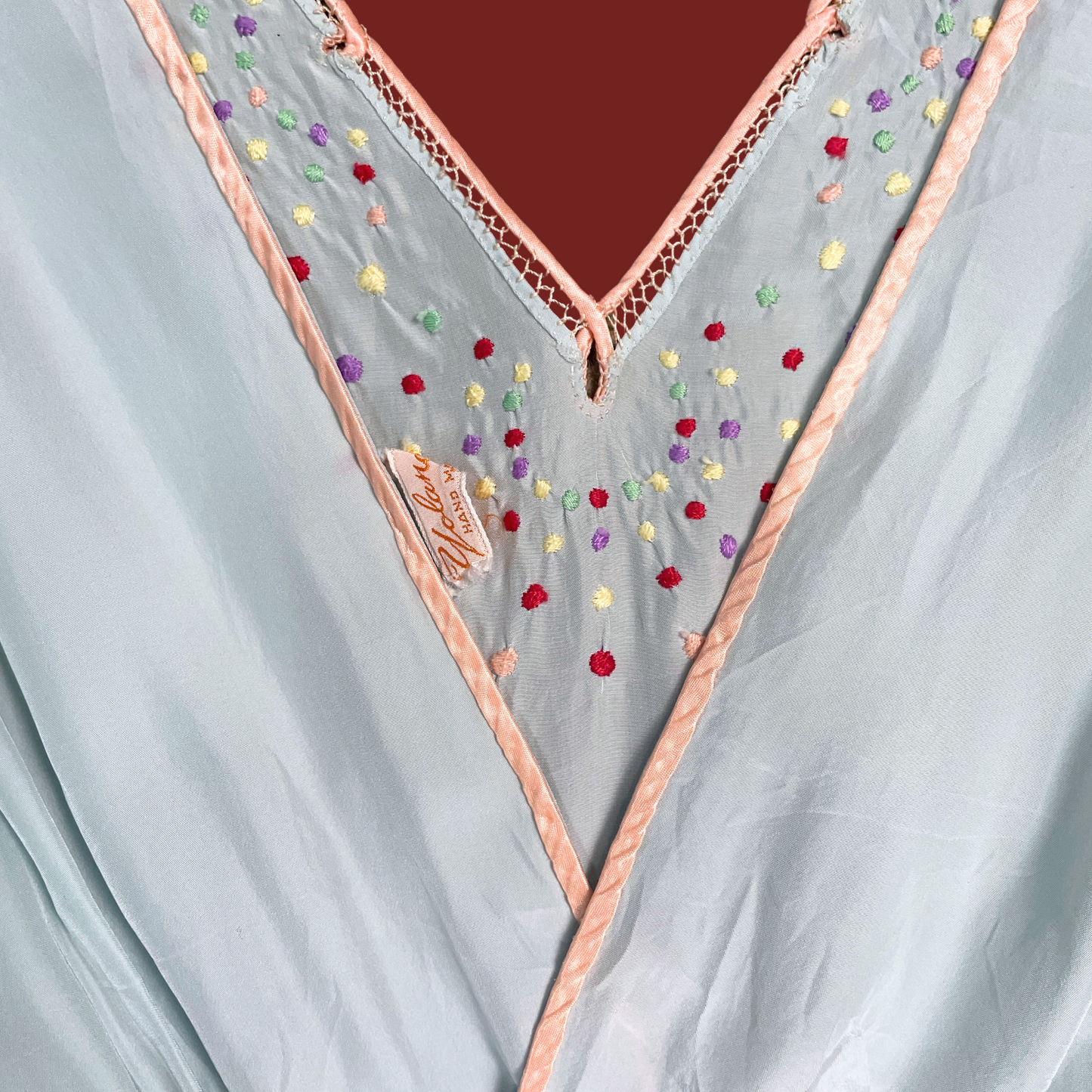 (S) 30s/40s Yolande Baby Blue Silk Embroidered Polka Dot Maxi Slip Dress