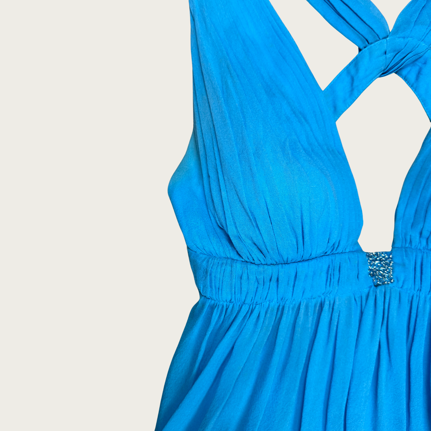 (S) Y2K Blue Silk Backless Beaded Midi Dress
