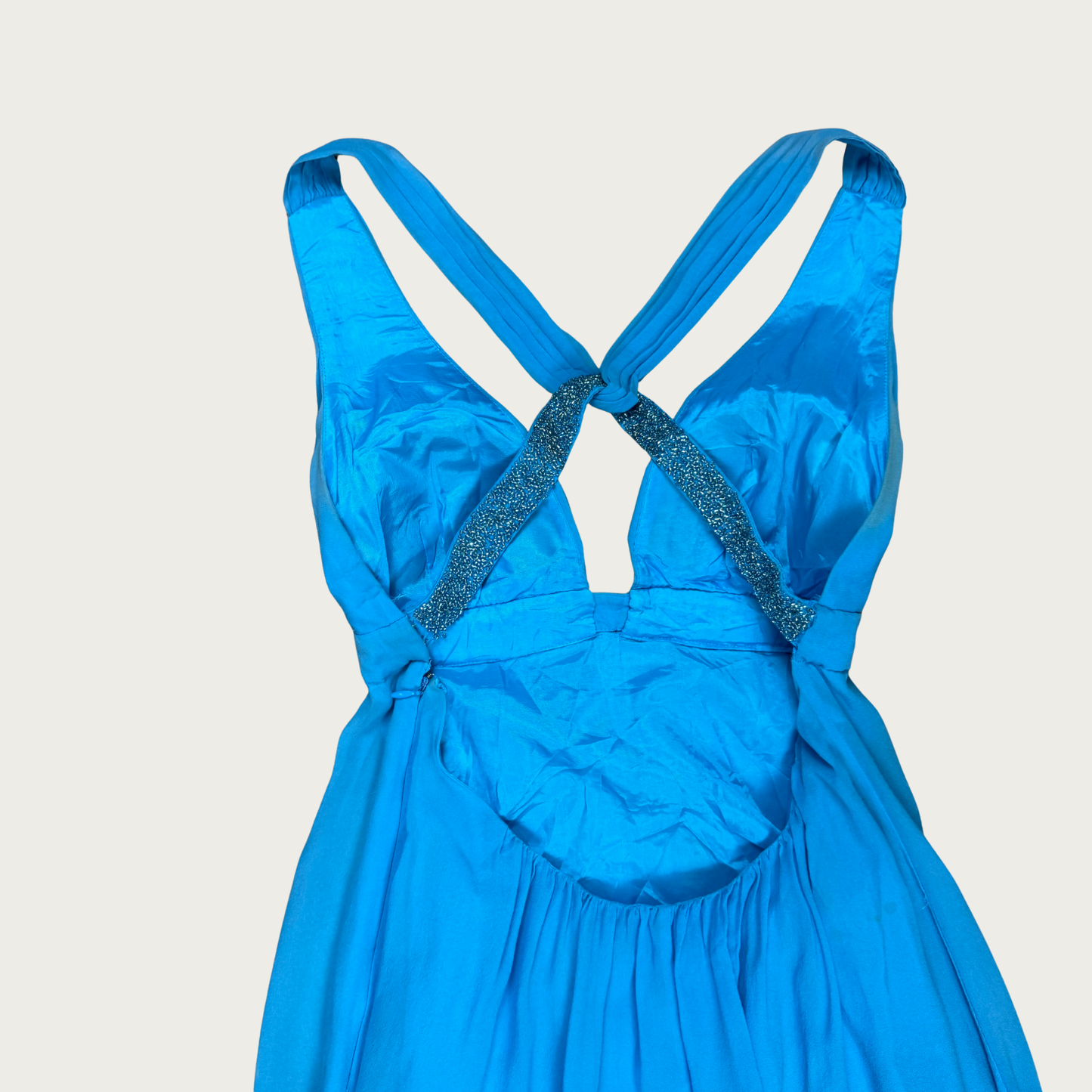 (S) Y2K Blue Silk Backless Beaded Midi Dress