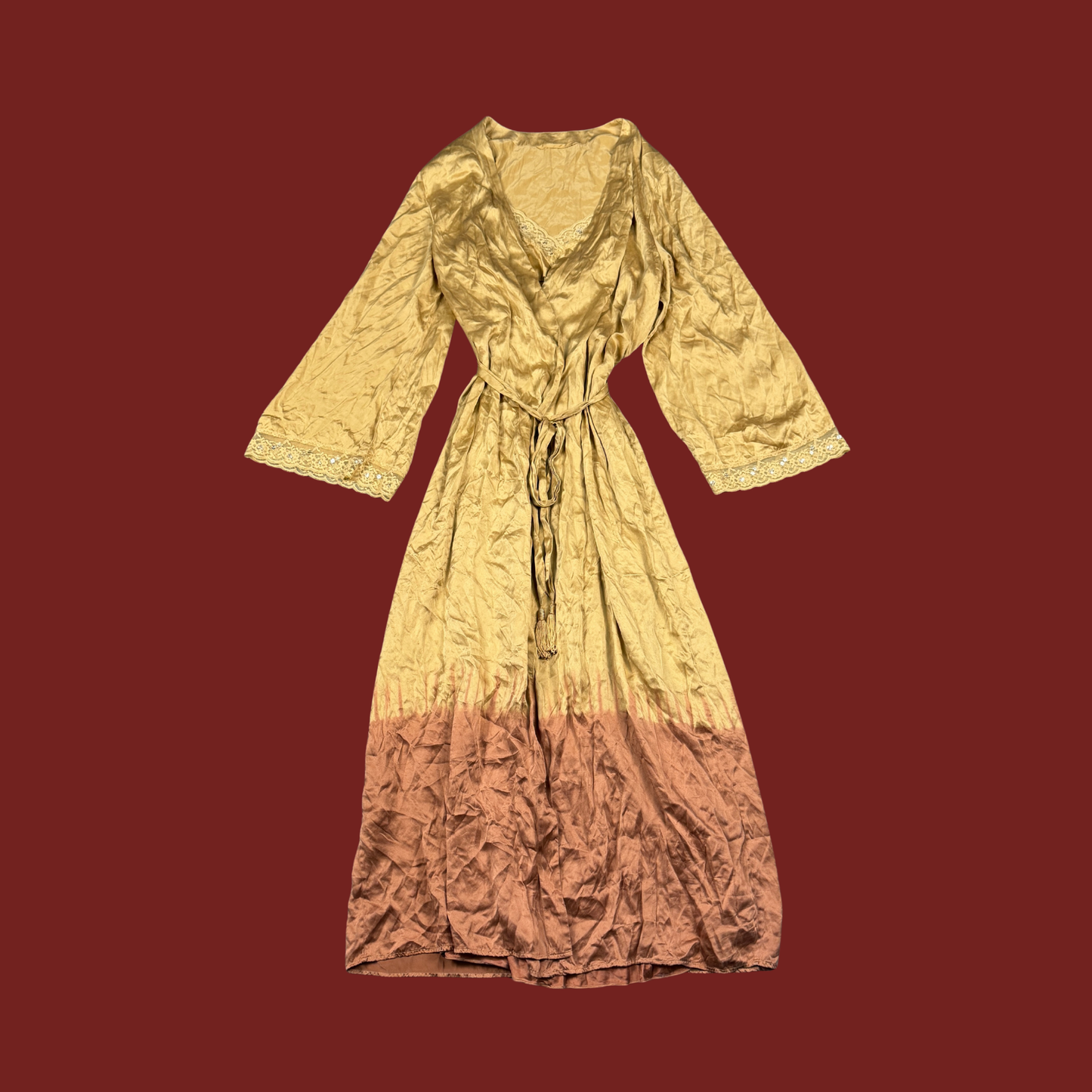 (L) Y2K Tan/Rust Silk Maxi Slip/Robe Set
