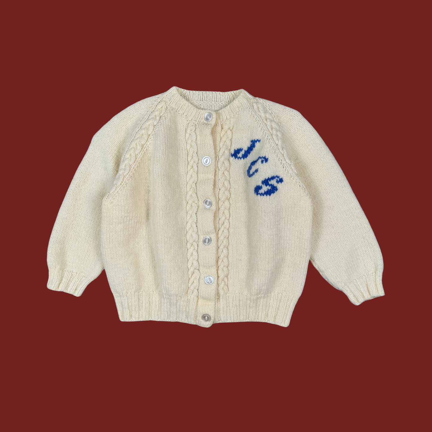 (XXS/XS) 60s Cream/Blue Initials Cardigan