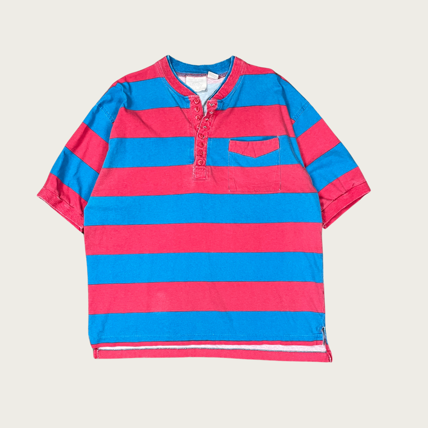 (L/XL) Red and Blue Striped Henley Tee