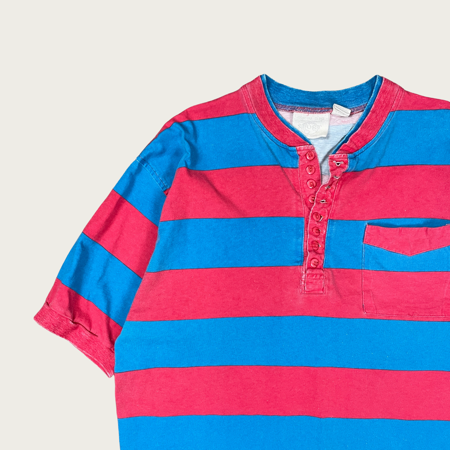 (L/XL) Red and Blue Striped Henley Tee