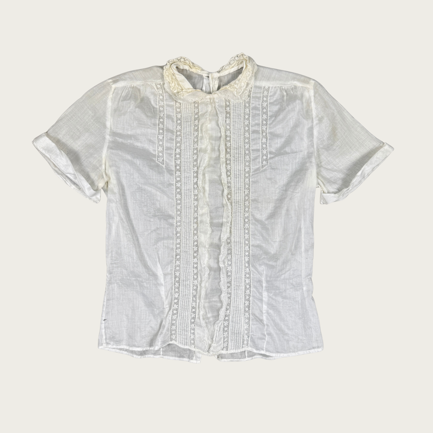 (S/M) 70s Delicate White Crochet Trim Blouse