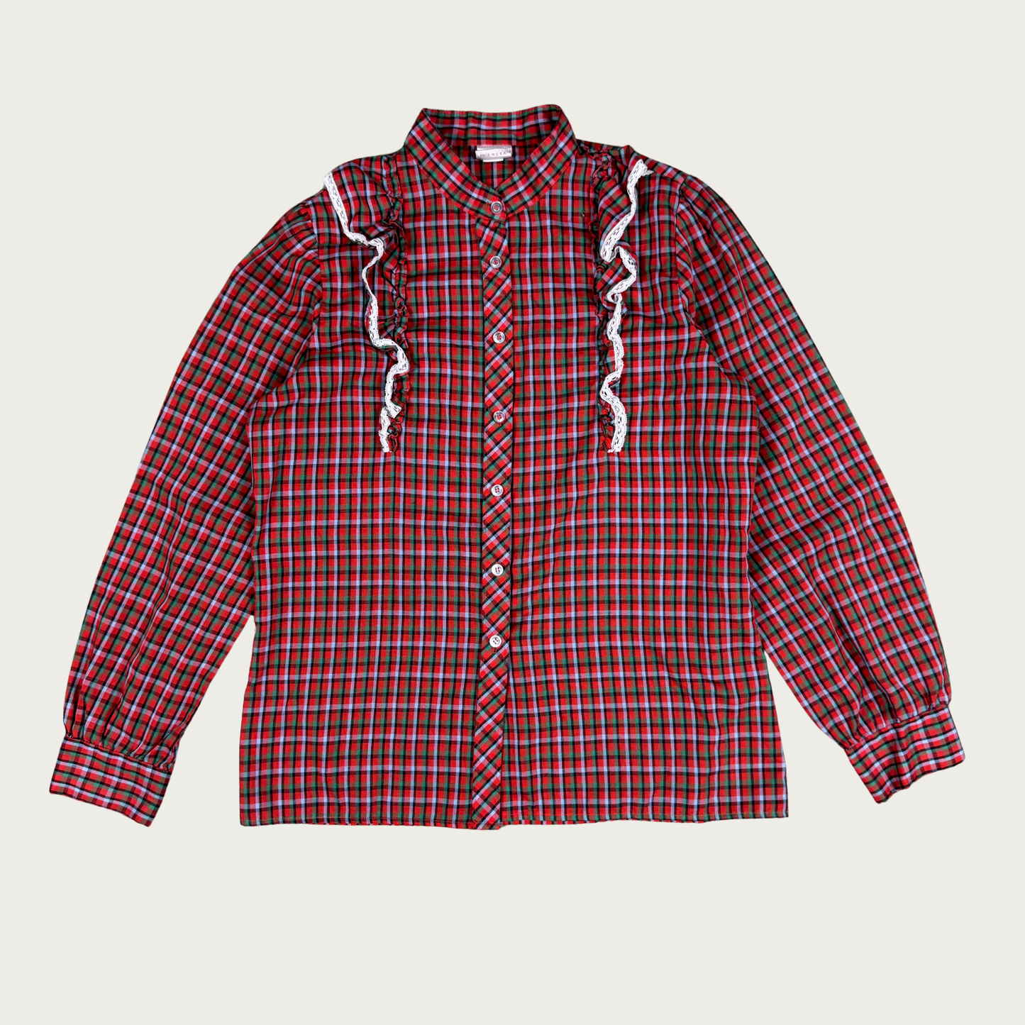 (M/L) 70s Wrangler Red/Green Plaid Ruffle Blouse