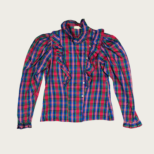 (M) 80s Multicolor Plaid Ruffle Blouse