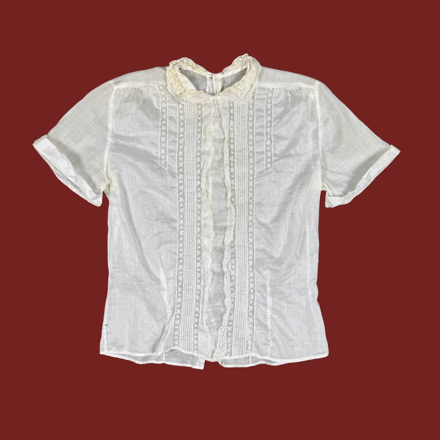 (S/M) 70s Delicate White Crochet Trim Blouse