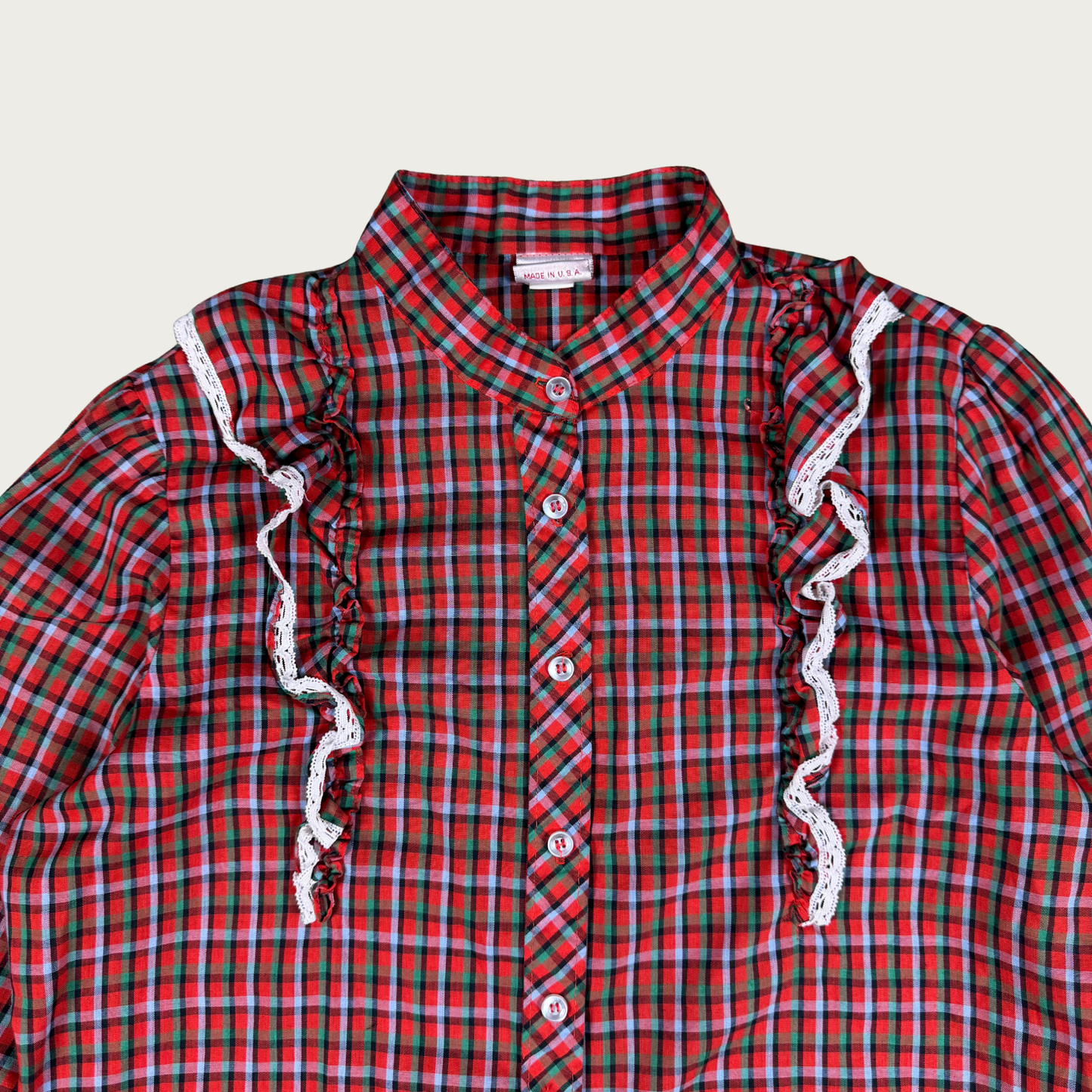 (M/L) 70s Wrangler Red/Green Plaid Ruffle Blouse