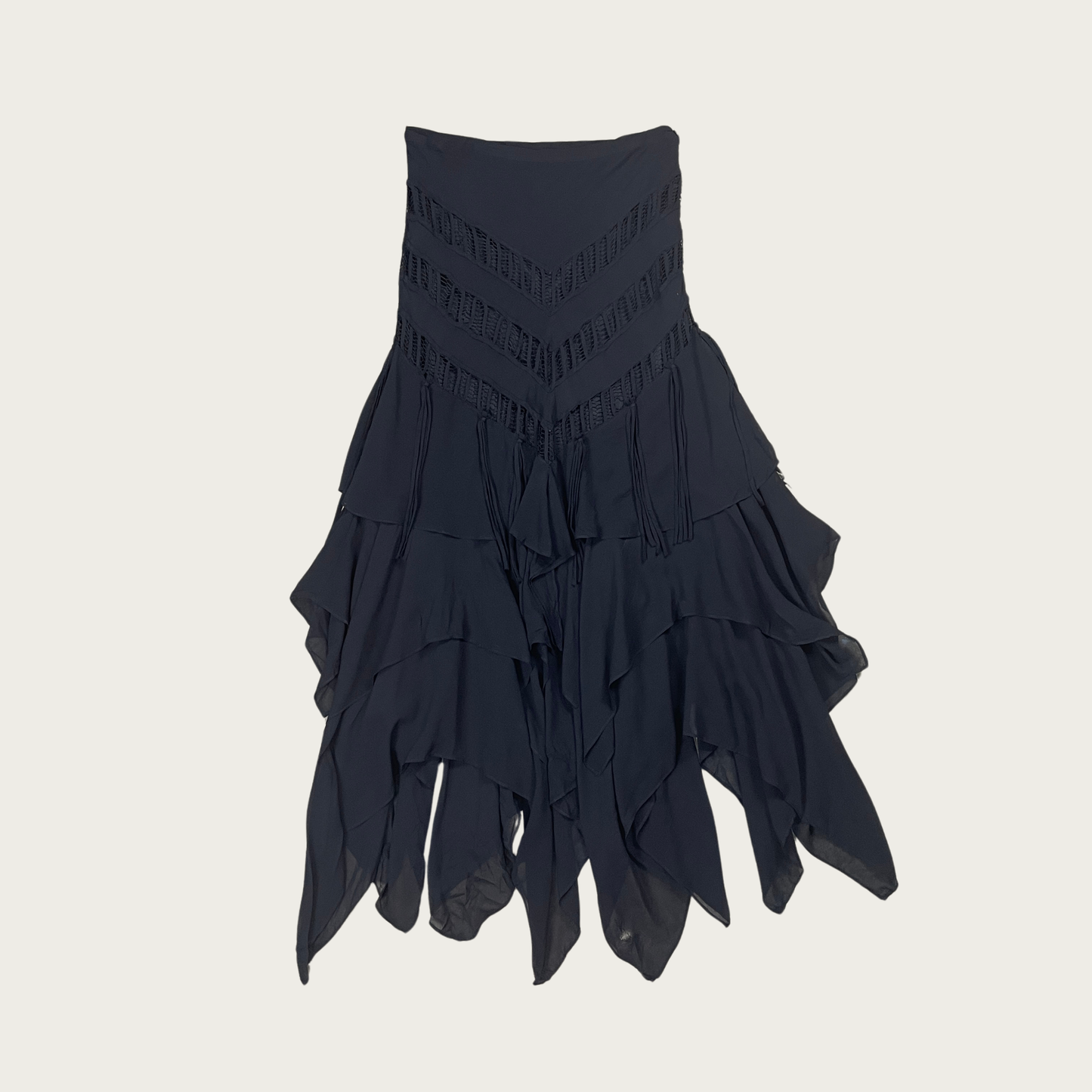 (S/M) Black Silk Handkerchief Hem Maxi Skirt