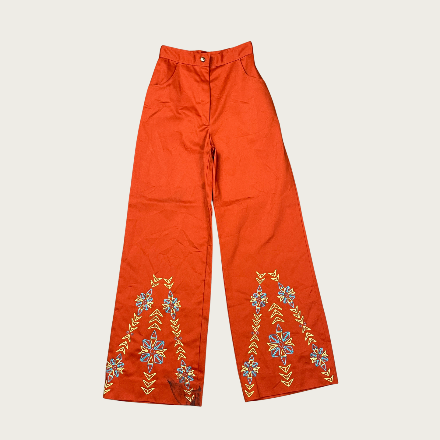 (24") 70s Orange Geometric Floral Embroidered Bell Bottoms