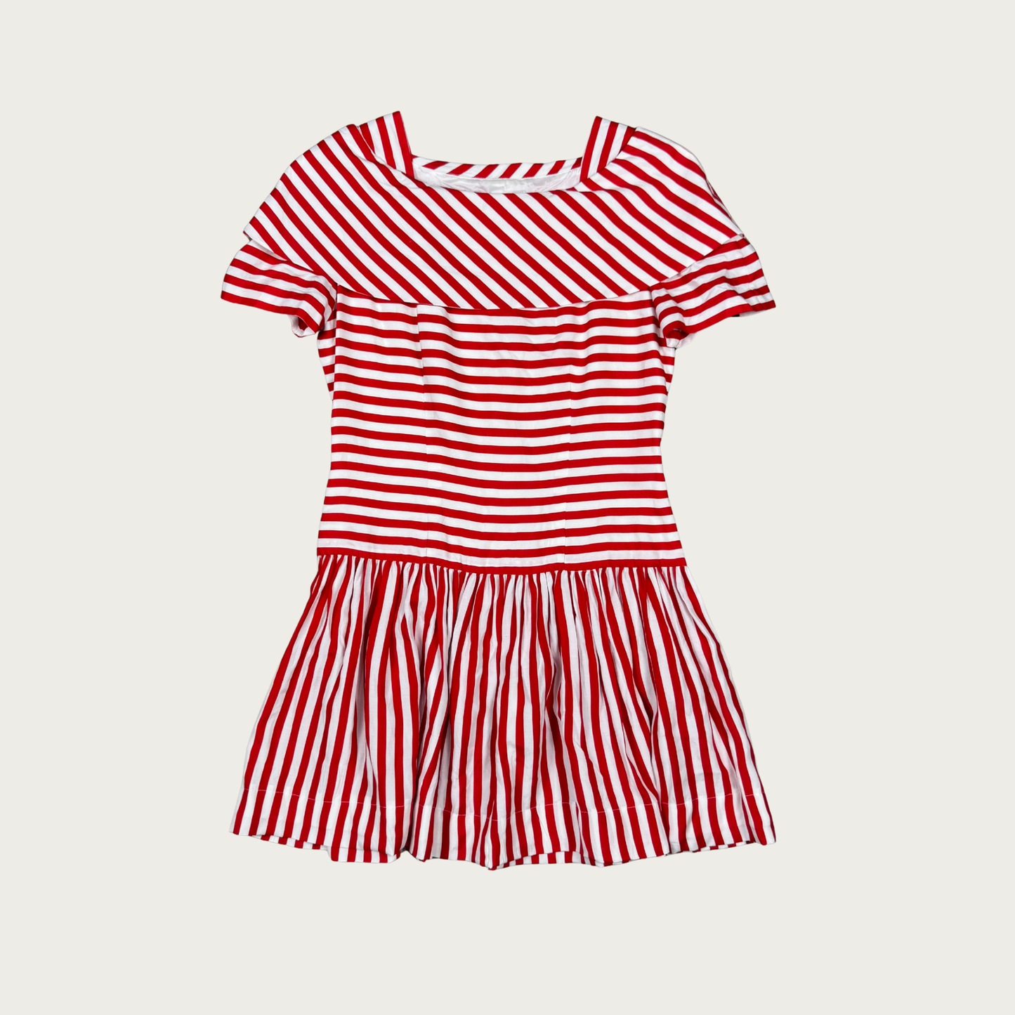 (M) Custom Reworked 80s/90s Red/White Striped Drop Waist Mini Dress