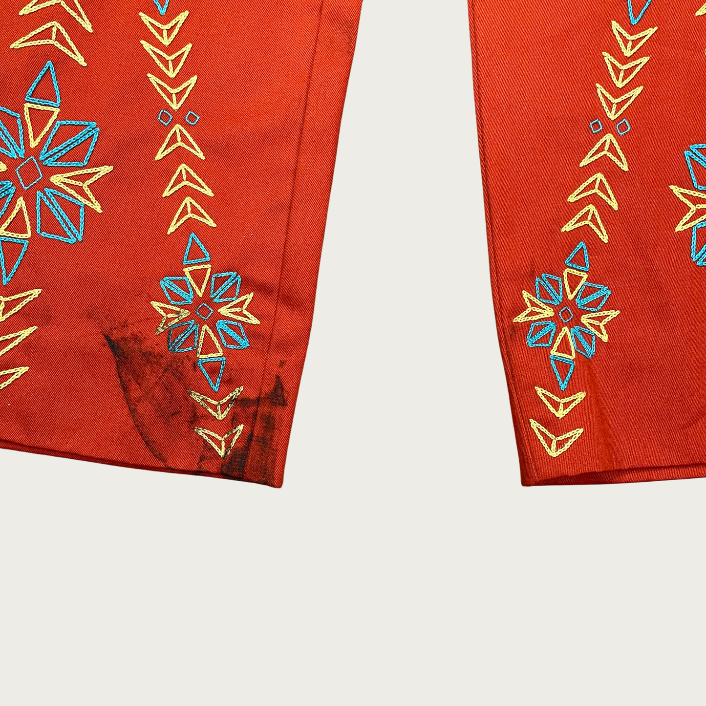(24") 70s Orange Geometric Floral Embroidered Bell Bottoms