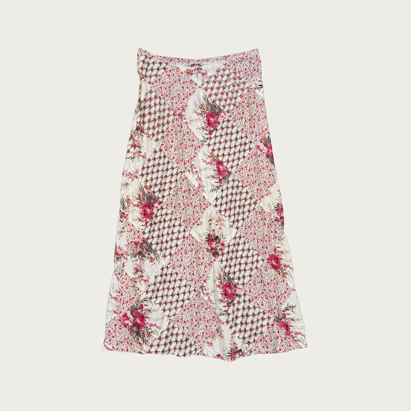(M) 90s Cream/Pink Floral Patchwork Cotton Maxi Skirt