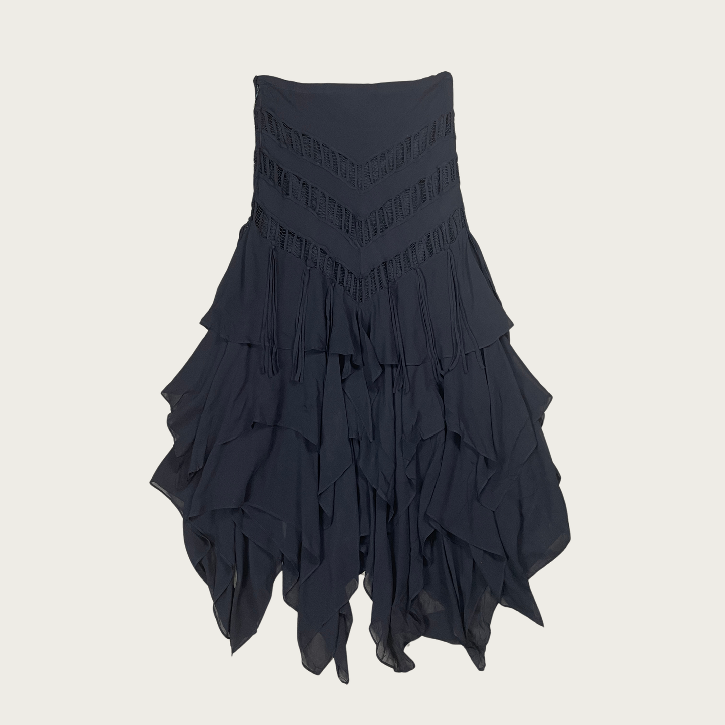 (S/M) Black Silk Handkerchief Hem Maxi Skirt