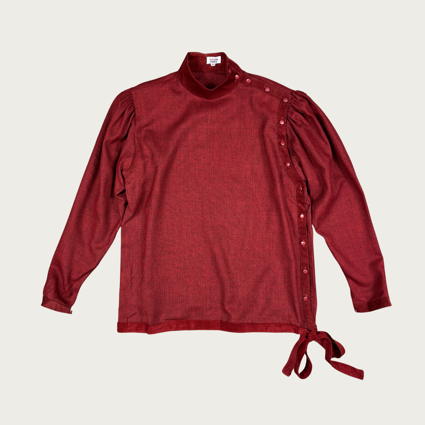 (L) 80s Red Asymmetrical Button Up Blouse